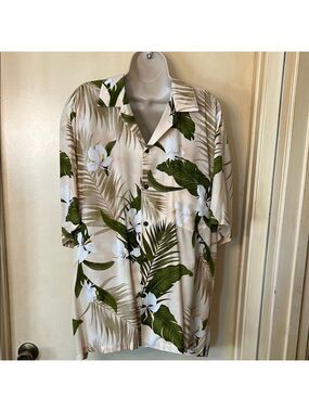 Two Palms Men’s Green and Cream Tropical Casual Button Down Shirt size L